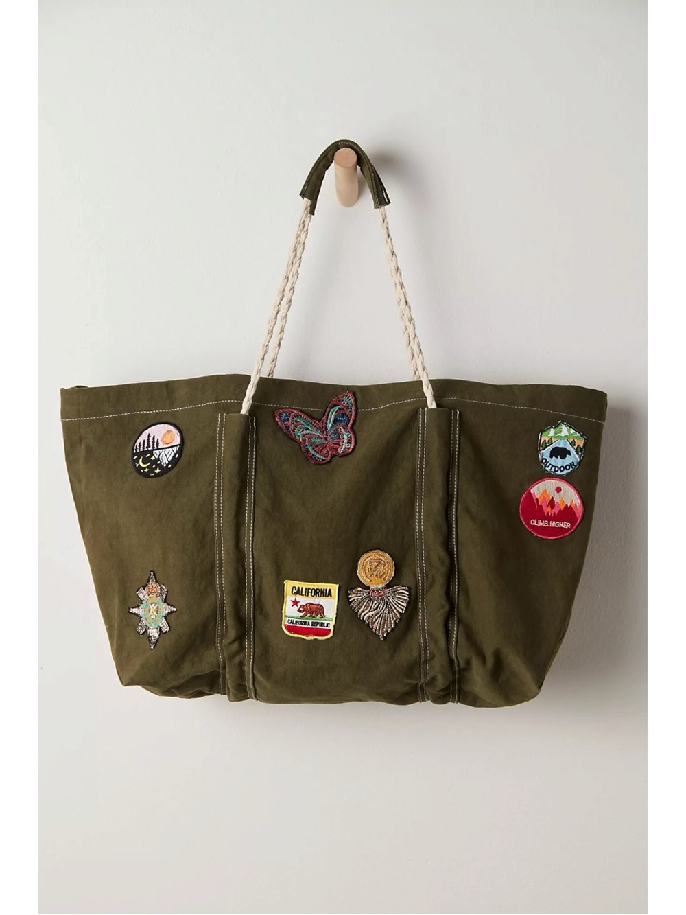 Free People Oversized Bohemian Been There Badge Tote Bag Army Green NWT Patches